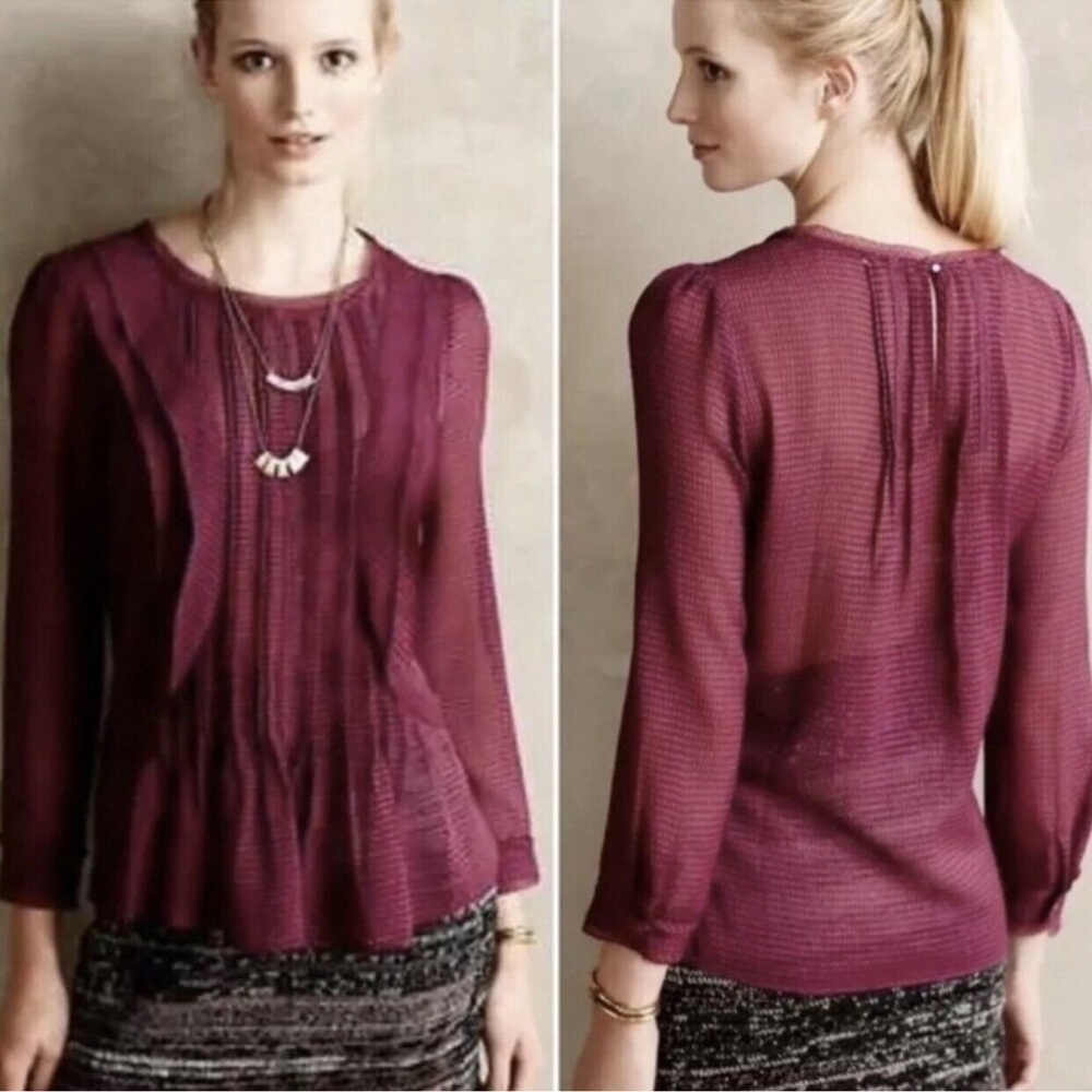 Anthropologie HD In Paris Thistleberry Purple Front Ruffle LongSleeve Top Sz 10